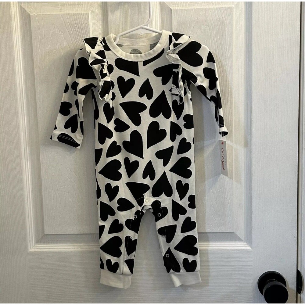 Cat & Jack 6-9 Months Baby Girls' Black White Heart Ruffle Romper Snaps